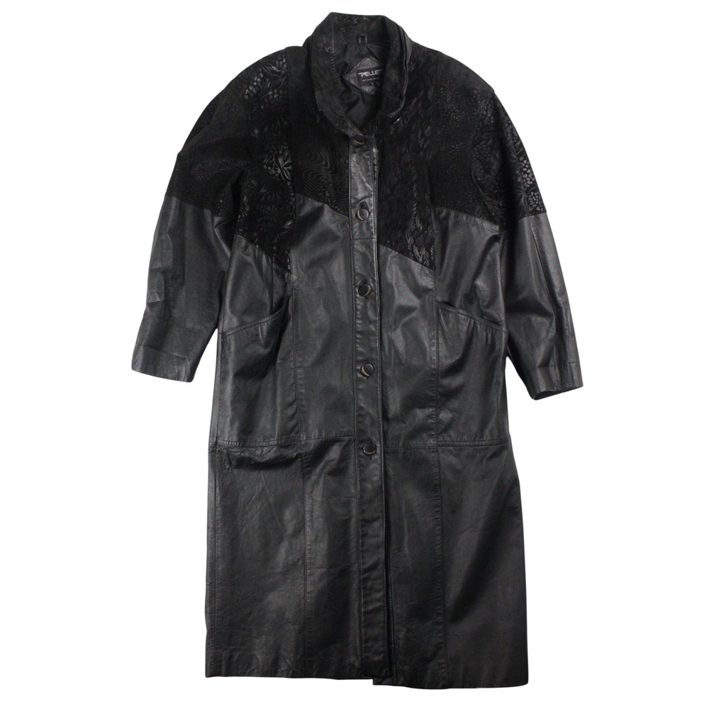 Vintage Pelle Black Leather Maxi Coat L Funnel Neck Oversized 90s Avant Garde